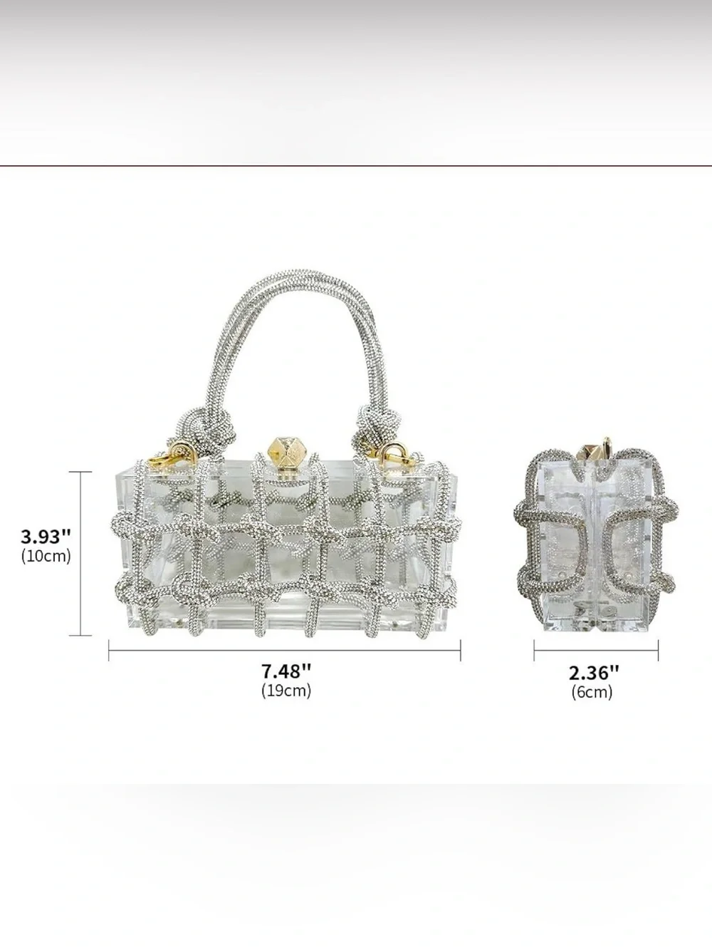 Crystal Rhinestone Clear Acrylic Box Clutch Evening Bag with Detachable Strap